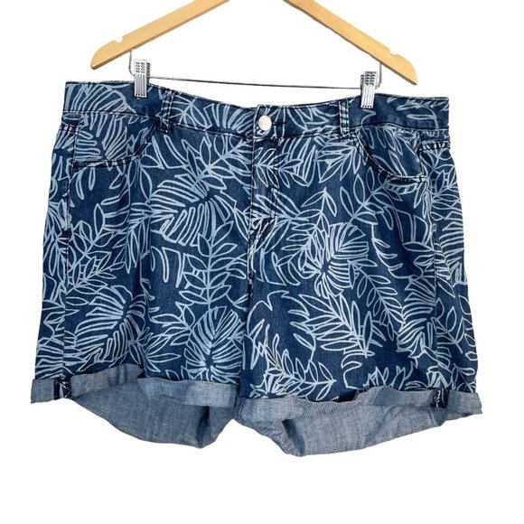 Lane Bryant Jean Shorts 20 Blue Floral Palm Leaf Cuffed Stretch Denim Womens New - Picture 10 of 10
